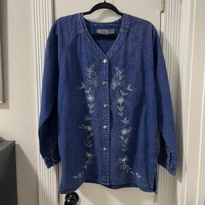 VTG 90s Premier International Denim Bead Embroidered LS Button-Up L Cottagecore